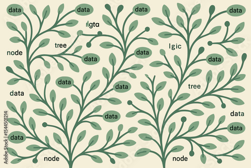 Stylized data tree illustration with labeled nodes, leaves, and branches