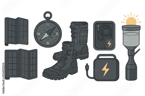 Stylized survival gear set with solar tech, compass, boots, and purifier