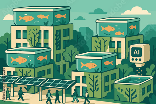 Rooftop aquaculture concept with solar-powered AI feeding
