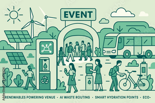 Sustainable event venue with green tech and eco-friendly transport