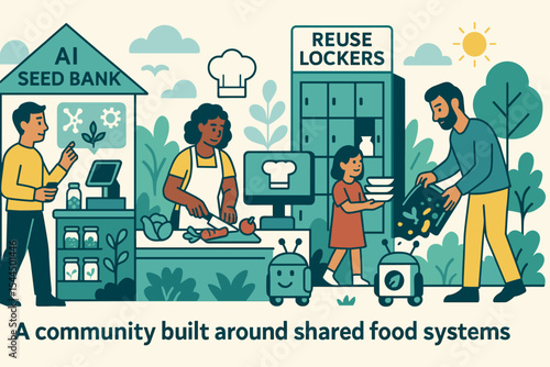 Illustration of shared food systems with AI seed bank and reuse lockers