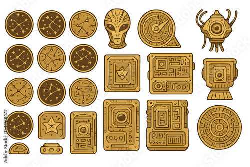 Ancient alien artifact icons with constellations and sci-fi tech motifs