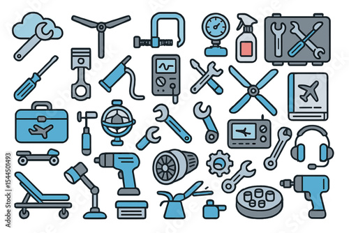 Color vector icons of aviation repair tools and aircraft maintenance gear