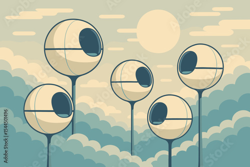 Futuristic pod homes on stilts above the clouds in soft colors
