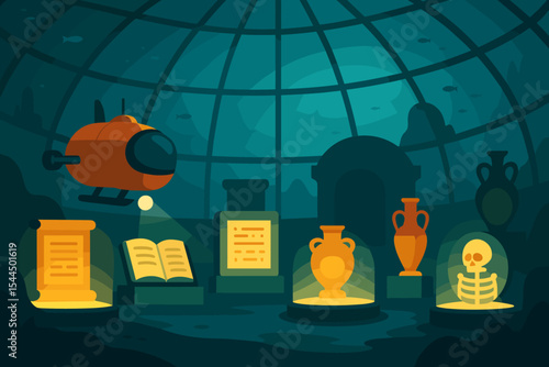 Underwater museum with ancient artifacts and mini submarine