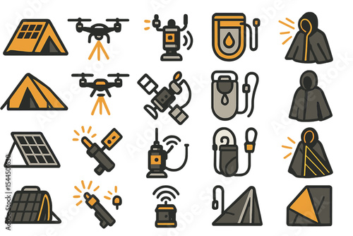 Stylized icon set of modern camping and survival gear