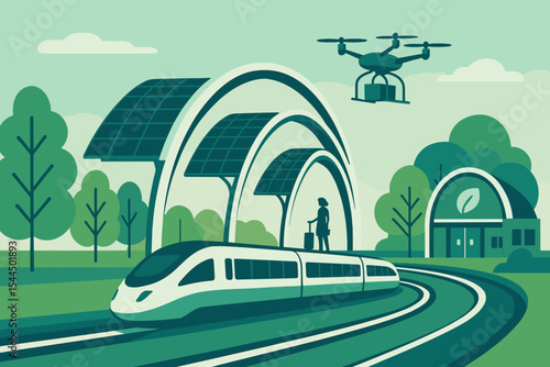Sustainable transport station with high-speed train and drone delivery