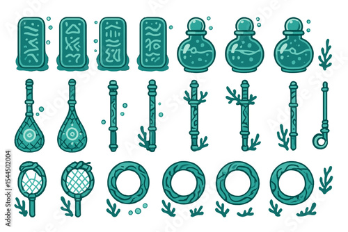Underwater-themed fantasy icons with potions, relics, and magic tools