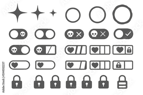 Outlined fantasy UI icon set with toggles, stars, hearts, and locks