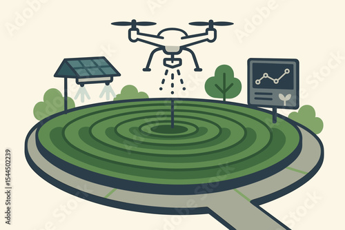 Minimalist smart farming scene with irrigation drone and data display