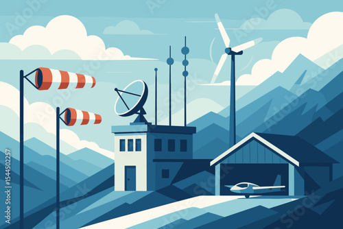 Modern mountain airfield with satellite tower, wind turbines, and aircraft hangar