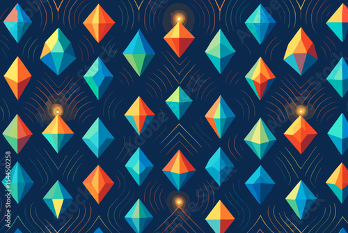 Colorful geometric crystal pattern with glowing highlights on dark