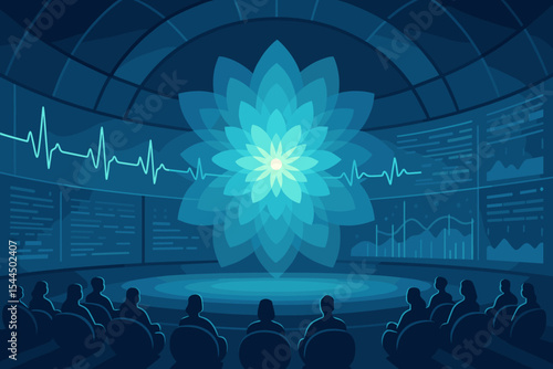 Immersive wellness tech presentation with glowing lotus and data screens