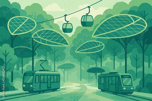 A sustainable green urban landscape with trams, cable cars, and solar-powered leaf-shaped canopies amidst lush trees, emphasizing eco-friendly transport.
