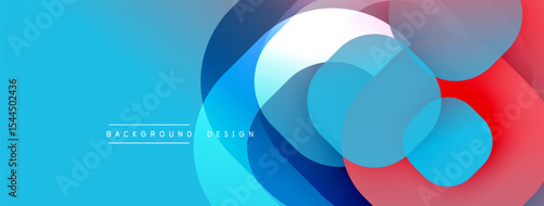 Abstract composition. Overlapping circles, vibrant blues, reds, whites create dynamic visual effect. Modern design element.