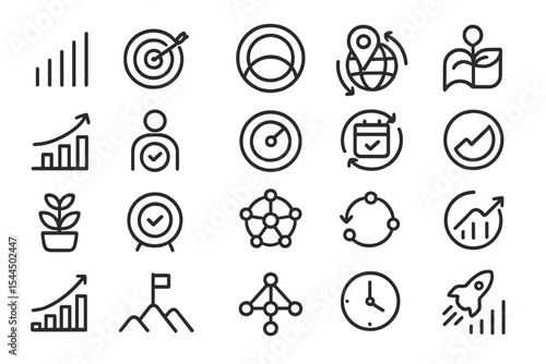 A collection of minimalist business and growth icons, including charts, goals, location, calendar, and success symbols, in a sleek and modern design.