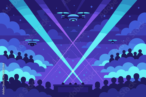 Futuristic drone light show with audience silhouettes and neon beams