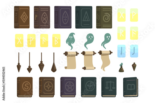 Set of mystical books, ancient scrolls, enchanted symbols, and magical items, with glowing runes, representing knowledge, magic, and arcane power.