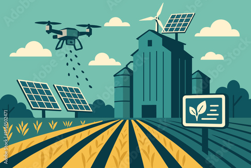 A futuristic farm powered by solar panels and wind turbines, featuring a drone watering crops, representing sustainable and tech-driven agriculture.