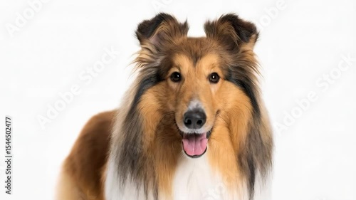 Elegant Collie dog posing with a fluffy fur chest and a happy expression in a studio shot against a pure white seamless backdrop.