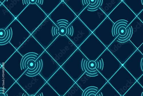 Abstract grid pattern featuring glowing, interconnected wireless signals radiating from central points, symbolizing connectivity and digital networks.