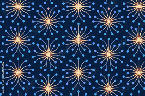 A seamless pattern featuring glowing abstract starbursts with gradient color transitions, composed of interconnected dots and lines against a dark background.