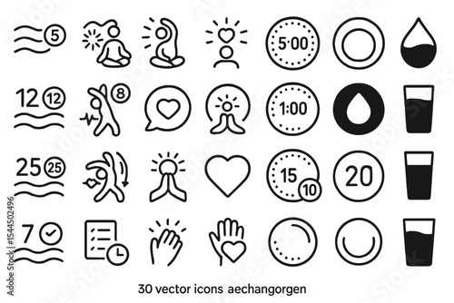 Set of 30 vector icons focused on wellness and self-care activities such as hydration, exercise, meditation, and time management.