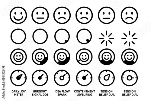 Mood and energy tracking icon set with smiley faces, dials, and labels
