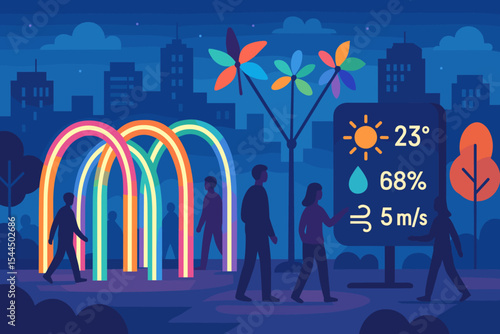Vibrant urban park with rainbow light arches, wind-powered trees, and a smart weather station displaying real-time climate data in a futuristic cityscape.