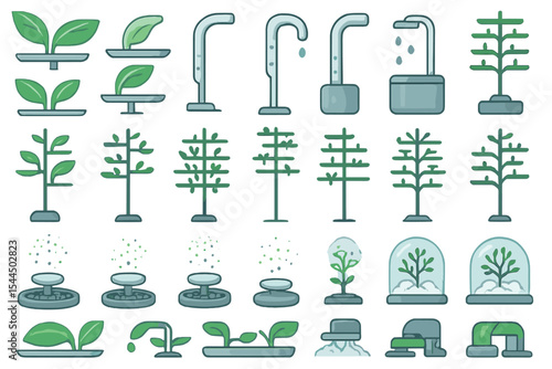 Futuristic plant icons featuring hydroponics and indoor farming