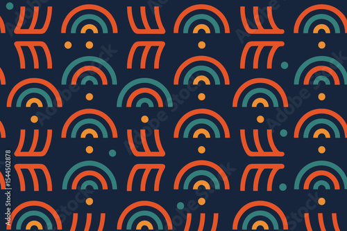 Mid-century rainbow arc seamless pattern on navy background