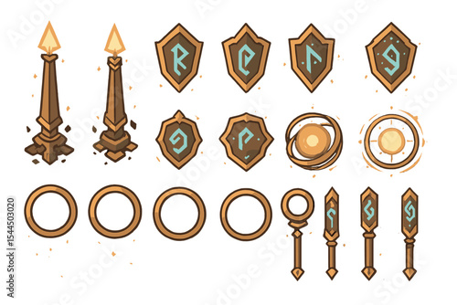 Magical rune icons and glowing artifacts in golden fantasy style