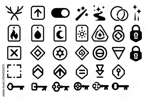 Set of vector RPG and UI icons featuring magic, symbols, and security elements.