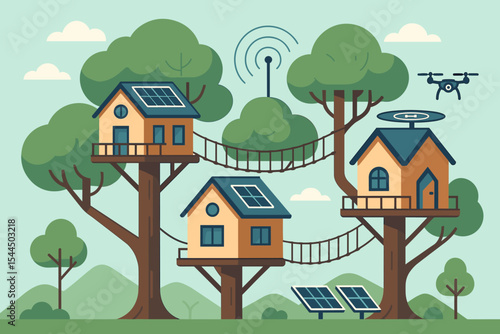 Modern eco-friendly treehouses with solar panels and drone
