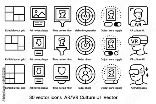 Set of vector icons for AR/VR culture and exhibit layout, including art hover plaques, filters, radar charts, object aura toggles, and VR/AR UI elements.