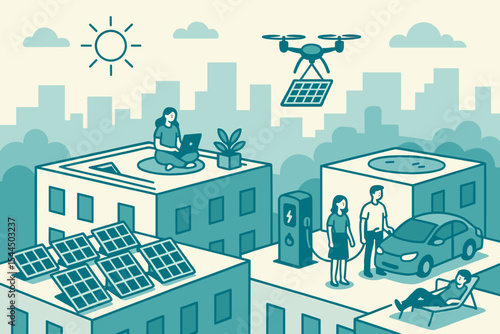 A vibrant city scene showcasing sustainable urban living with rooftop solar panels, a community drone charger, electric car charging station, and eco-friendly spaces for relaxation and work.