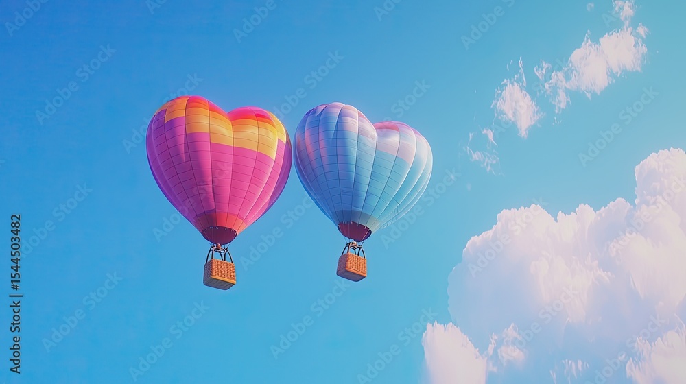 Fototapeta premium Two heart-shaped hot air balloons soar against a vibrant blue sky.