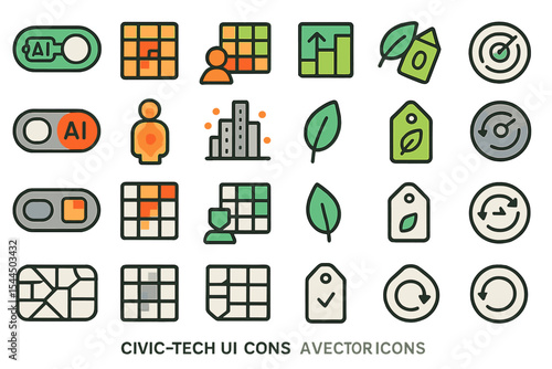 A collection of colorful vector icons focused on civic tech, AI, sustainability, and urban development, featuring toggles, data grids, progress tracking, and eco-friendly symbols.