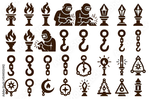 Set of vector icons depicting welding, fire, hooks, chains, and symbolic designs with geometric shapes.