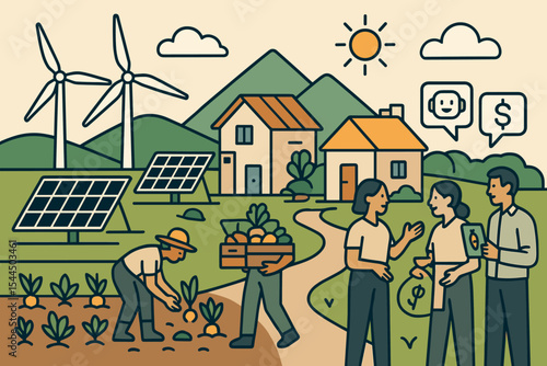 Eco-friendly farming community with solar, wind, and AI-driven trade