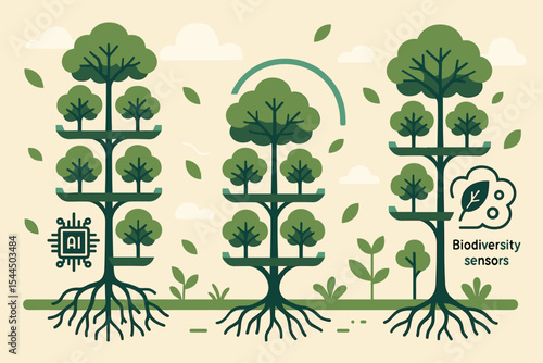 Illustration of AI and biodiversity sensors for tree growth and environmental monitoring.