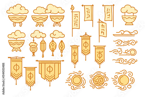 Mystical ritual icons with incense bowls, banners, and cloud motifs