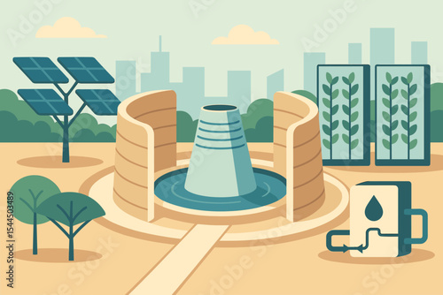 Futuristic eco hub with solar panels, water recycling, and vertical farming