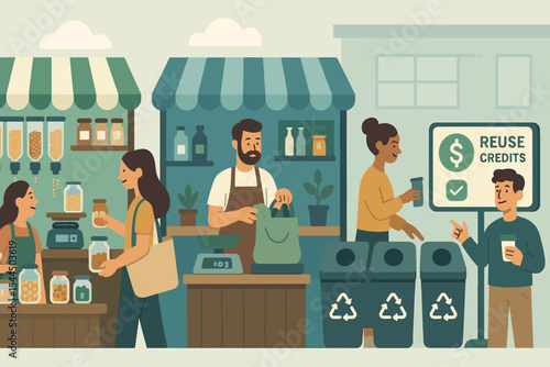 Eco market scene with refill stations, reusable jars, and reuse credit rewards