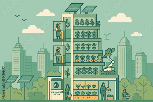 Modern urban vertical farm with solar panels, AI cashless kiosk, and robotic farming assistants.