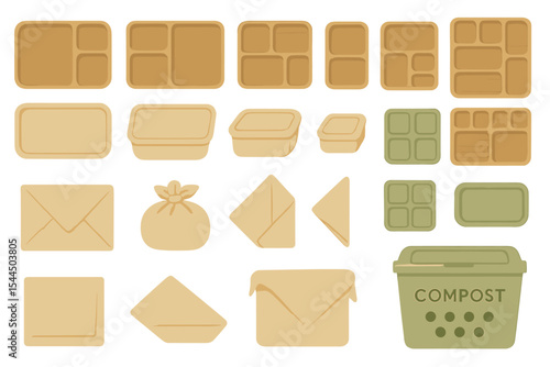 Illustration of eco-friendly storage containers, compost bins, and reusable wrapping options.