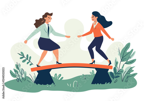 Two business women balancing on seesaw outdoors with plants and greenery teamwork cooperation equality concept flat vector illustration