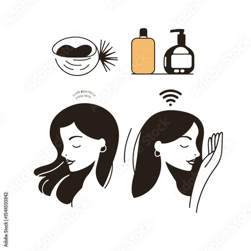 Minimalist vector illustration of woman with healthy hair using natural hair care products including coconut oil shampoo and conditioner in flat style