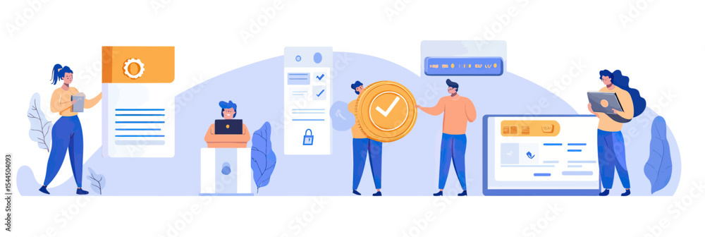 Flat minimalist illustration of diverse people interacting with digital security, data verification, and online transactions in technology and finance concept Flat minimalist illustration of diverse people interacting with digital security, data verification, and online transactions in technology and finance concept