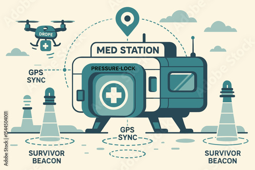 Illustration of futuristic med station with drone delivery and GPS-linked beacons